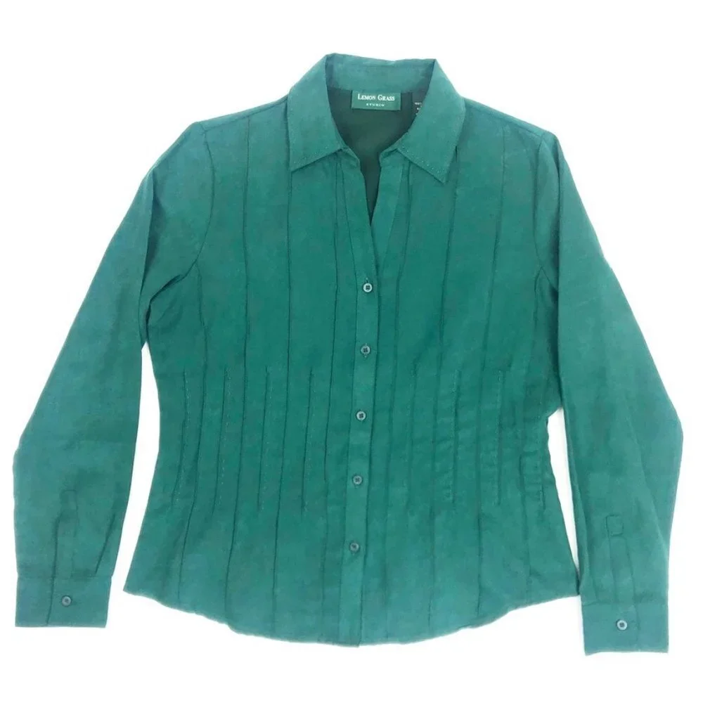 Lemon Grass Studio Faux Suede Shirt Womens Size M Green Pintuck Button Down Top